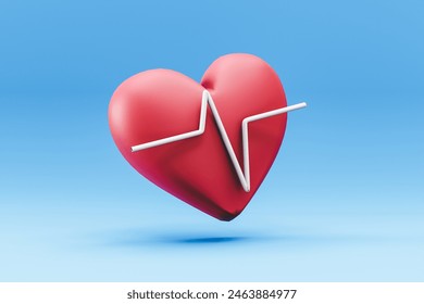 3D rendering of heart with pulse line on blue background. 3D Illustration