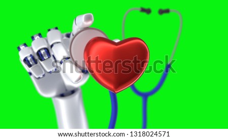 3D rendering of heart and robot hands with stethoscope on Green screen