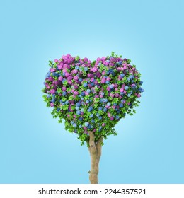 3d rendering of heart shaped tree crown with colorful flowers and green leaves against blue background
