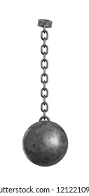 3d Rendering Of A Heavy Iron Ball Connected With A Chain To A Round Shackle. Caught And Bound. Legal Restriction. Prisoner Or Fugitive.