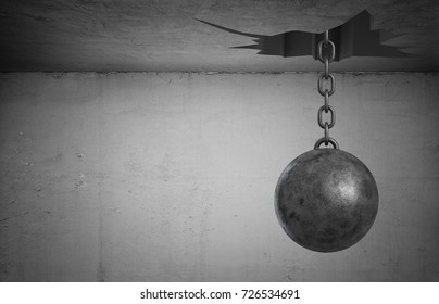 3d rendering of a heavy wrecking ball hangs on its chain from a large uneven ceiling hole. Unexpected trouble. Problems from all sides. Threat hanging over.