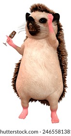 3D rendering of a hedgehog dancing with a glass of champaigne isolated on white background