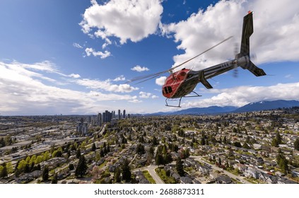 3d Rendering Helicopter. Background Image from Vancouver, British Columbia, Canada. A red helicopter flies over a sprawling suburban cityscape beneath a bright blue sky.
