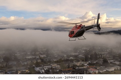 3d Rendering Helicopter. Background Image from Vancouver, British Columbia, Canada. Red helicopter flies above a foggy cityscape with clouds and rooftops blurred below.