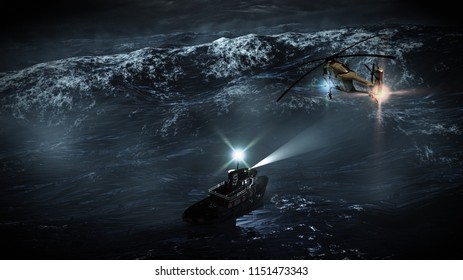 3D Rendering Of Helicopter Rescue Of A Fishing Boat In The Middle Of The Fierce Stormy Ocean During Night