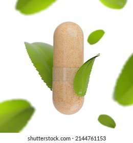 3d rendering of herbal pill and green leafs composition. Transparent pills with natural ingredients powder. Powder capsules on white background. Herbal levitating pills with green leafs on white.