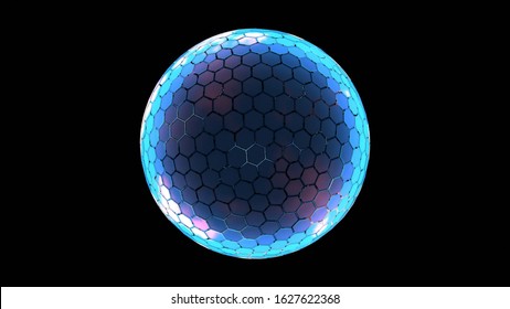 3D Rendering of hexagon grid sphere nano shield with glowing edge color and dim at center for your text, logo, product. Concept of protection, anti virus, security.