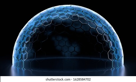 3D Rendering Of Hexagon Grid Sphere Nano Shield With Glowing Edge Color On Reflection Floor And Dim Light At Center For Your Text, Logo, Product. Concept Of Protection, Anti Virus, Security.