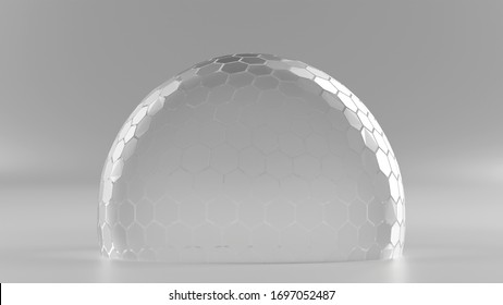 3D Rendering of hexagon grid sphere nano shield in half tone color on reflection floor and dim light at center for your text, logo, product. Concept of protection, anti virus, security.