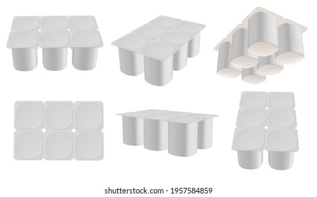 3D Rendering - High Resolution Image 6 Pack Yogurt Plastic Cup Isolated On A White Background  High Quality Details