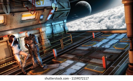 3D rendering of a high technology space craft with view of planets while a young man and woman having a conversation 