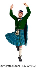 3D Rendering Of A Highlander Wearing A Scottish Kilt Dancing Isolated On White Background