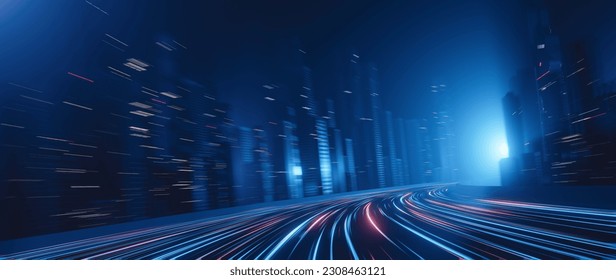 3D Rendering of highway in city. High speed motion blur. Concept of leading in business, Hi tech products background, artificial intelligence, hyper loop, virtual reality, high speed network. 