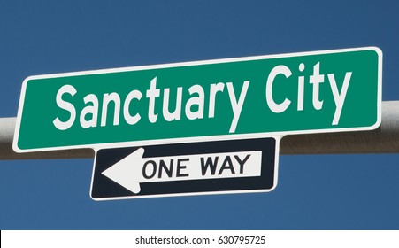 A 3d Rendering Of Of A Highway Sign For Sanctuary City, One Way