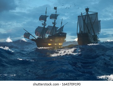 3d Rendering Historical Background Pirate Ship War Sea Ocean Water Blue Sky Storm Boat