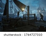 3d rendering historical background pirates ship harbor night castle sea water fog