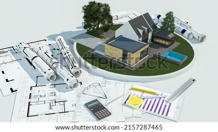 3D rendering of a home construction project including blueprints, mortgage, and the actual house with garden and pool
