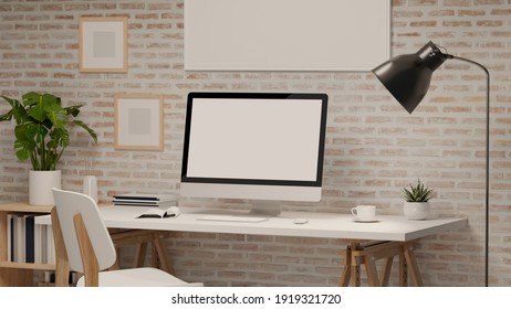 3D Rendering, Home Office Room With Worktable, Computer, Supplies And Decorations, 3D Illustration
