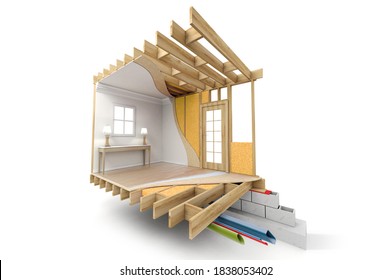 3D rendering of a home section showing different construction layers