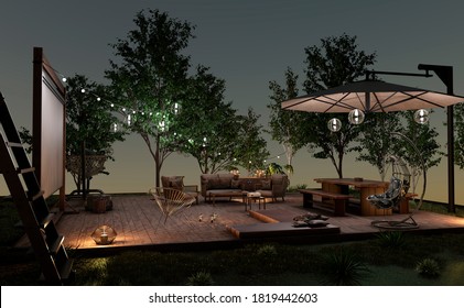 3D Rendering Of A Home Theater At Night Outside