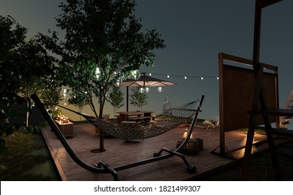 3D Rendering Of A Home Theater At Night Outside