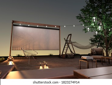 3D Rendering Of A Home Theater At Night Outside