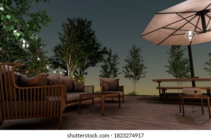 3D Rendering Of A Home Theater At Night Outside