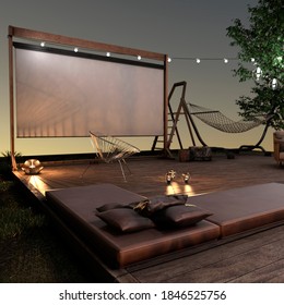 3D rendering of a home theater at night outside