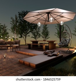 3D Rendering Of A Home Theater At Night Outside