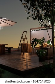 3D Rendering Of A Home Theater At Night Outside