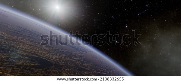 3D Rendering of the
horizon line and surface of a planet bellow. There are two suns
that this rock
orbits.