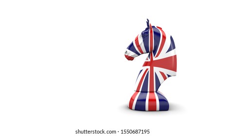 3D Rendering Horse Chess In UK Flag Pattern On White Background.