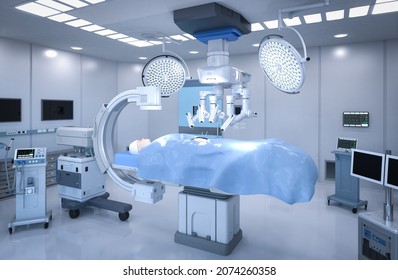 3d Rendering Hospital Surgery Room With C-Arm Machine And Surgery Robot 