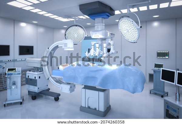 3d rendering hospital surgery room with C-Arm\
machine and surgery robot\
