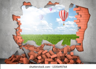 3d Rendering Of Hot Air Ballon In The Sky Above Green Grass Seen Through A Gap In Red Brick Wall. Building And Construction. Nature And Environment. Demolition And Destruction.