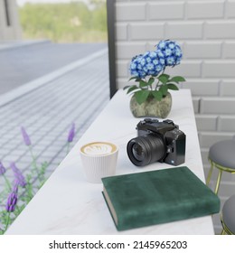 3D rendering hot coffee and camera placed on a white marble table in cafe on holiday