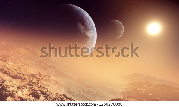 3D rendering of hot planet surface with two other
close planets in the sky with bright sun and hazy deep atmosphere
and endless deep sky