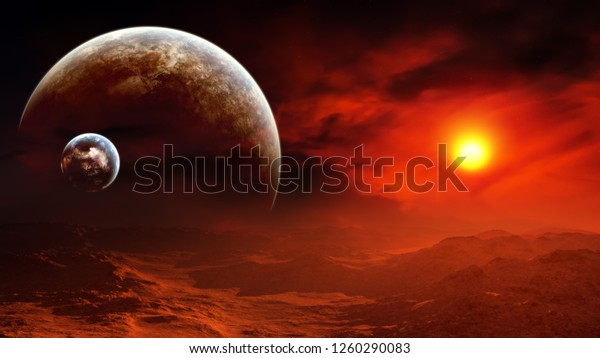 3D rendering of hot planet surface with two other\
close planets in the sky with bright sun and hazy deep atmosphere\
and endless deep sky