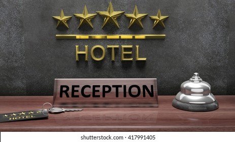 3D rendering of Hotel's reception office with bell and key on wooden desk