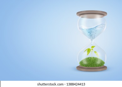 3d rendering of an hourglass with water in its upper part dripping down to the lower part which contains a green sprout. Environment protection. Nature needs us. Make world green.
