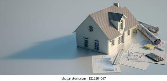 3D rendering of a house with blueprints,  charts, mortgage application form, budget and calculator