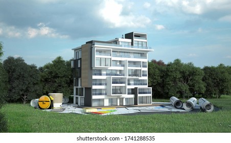 3D rendering  of a house with blueprints, energy charts and other documents in a field