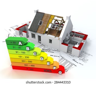 3D rendering of a house in construction, on top of blueprints, with an energy efficiency rating chart
