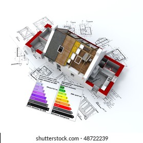 3D rendering of a house in construction, on top of blueprints, with and energy efficiency rating chart