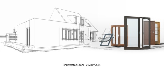 3D Rendering Of A House Draft And A Door And Window Selection