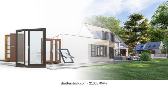 3D Rendering Of A House Draft And A Door And Window Selection