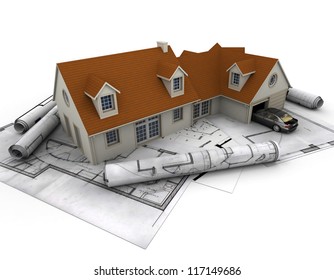 3D rendering of a house with garage on top of blueprints