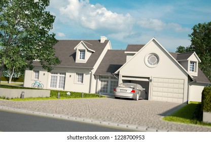 3D Rendering Of A House With Garden And A Car In The Garage