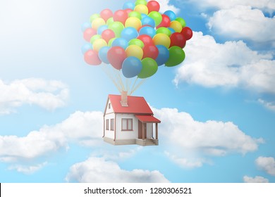 3d Rendering Of A House Lifted Up In The Air By A Large Bundle Of Balloons Against Blue Sky With White Clouds. New Housing Development. Solve Problem Of Housing. House-warming Party.