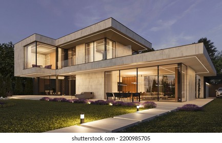 3d rendering of a house with a light facade. House in white marble. Modern architecture